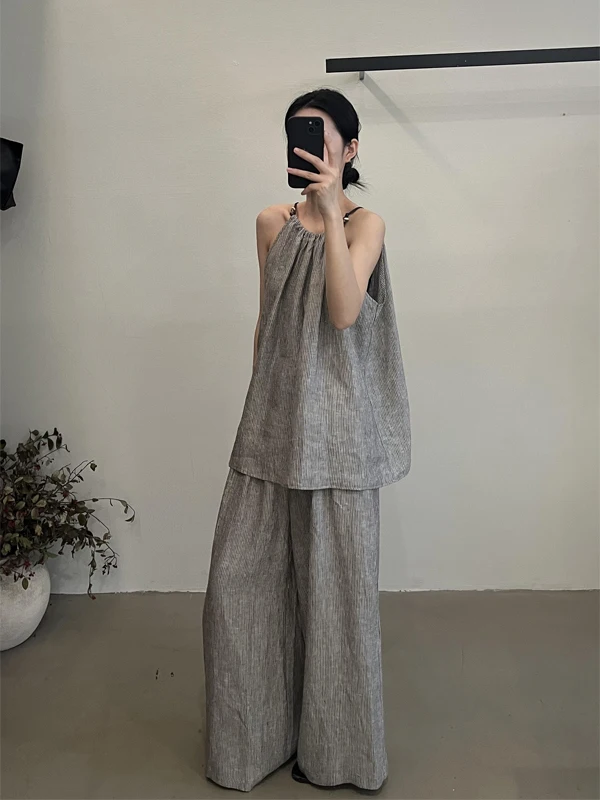 

Retro Sle Linen Crop Top And Wide Leg Pants Set in Foggy ey Two Piece Set Casual Loose Fit Faionable Women's Outfit