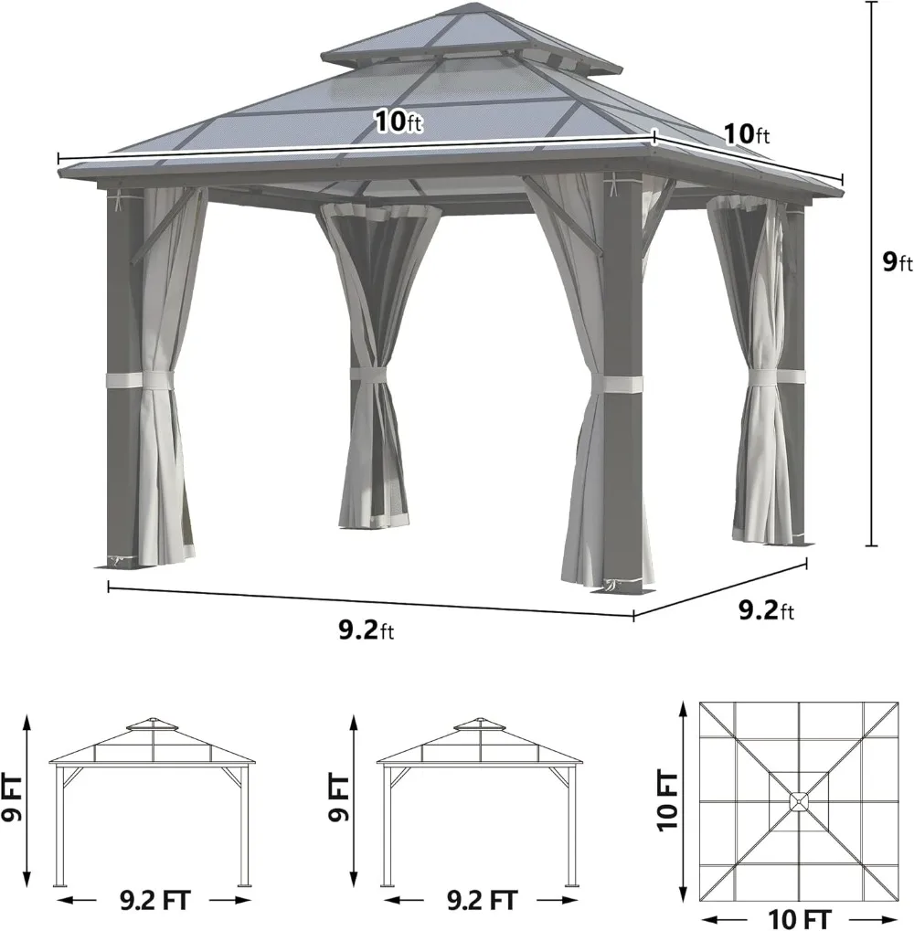 Factory Direct 2026 10x10 Hardtop Gazebo, Polycarbonate Roof, Steel Frame, Patio Pavilion, Gray Curtain & Netting