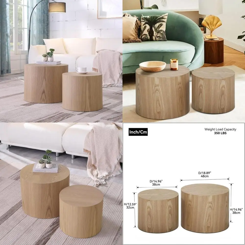 Pair of Round Coffee Tables: Wooden Nesting and End Table Set, Small Circle Drum Side Tables for Living Room and Office Use
