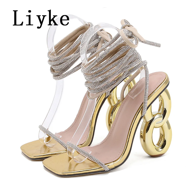 Liyke Elegant Women Party Wedding Shoes Fashion 12.5CM Strange High Heels Gold Silver Square Toe Crystal Ankle Strap Sandals