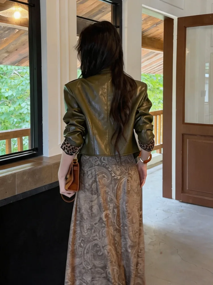 IG Women 2‑Piece Outfit Cropped Zip Jacket With Leopard Cuff Decor + High Waist Mermaid Long Skirt, Fashion Suit For Fall Winter view 4