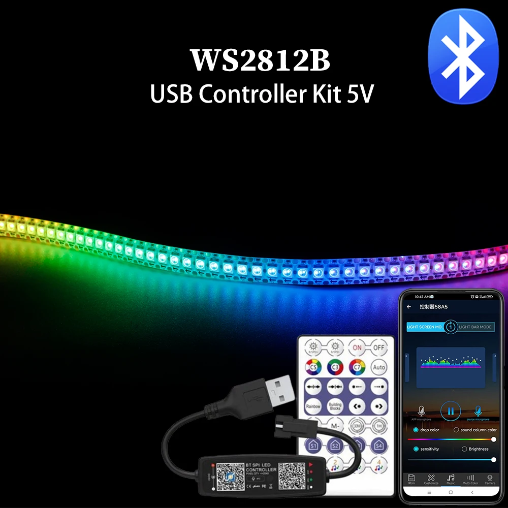 DC5V WS2812B pasek LED 30/60/74/96/144Leds/m zestaw kontroler USB muzyka Bluetooth w kolorze snów indywidualnie adresowany taśma LED RGB