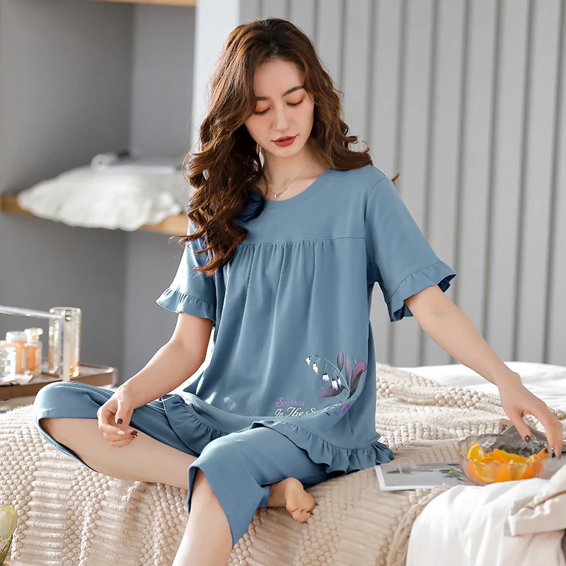 Lớn Thước M-3XL Nữ Bộ Đồ Ngủ Ngắn Tay Mùa Hè Pyjamas Cotton Đồ Ngủ Nữ Đêm Phù Hợp Với Phù Hợp Với Áo Quần Áo Mặc Ở Nhà Cho Nữ