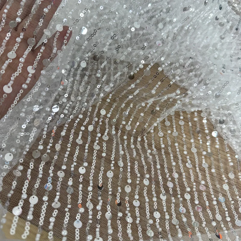 

New High Quality Transparent Sequin Pearl Vertical Stripe Lace Embroidery Mesh Fabric Handmade Wedding Dress Clothing Accessorie