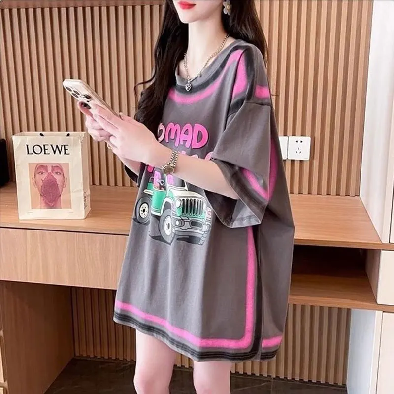Korean Female Clothing Streetwear Casual O-Neck Loose T-shirt Summer Hand-Painted Letter Printed Pullovers Casual Short Sleeve