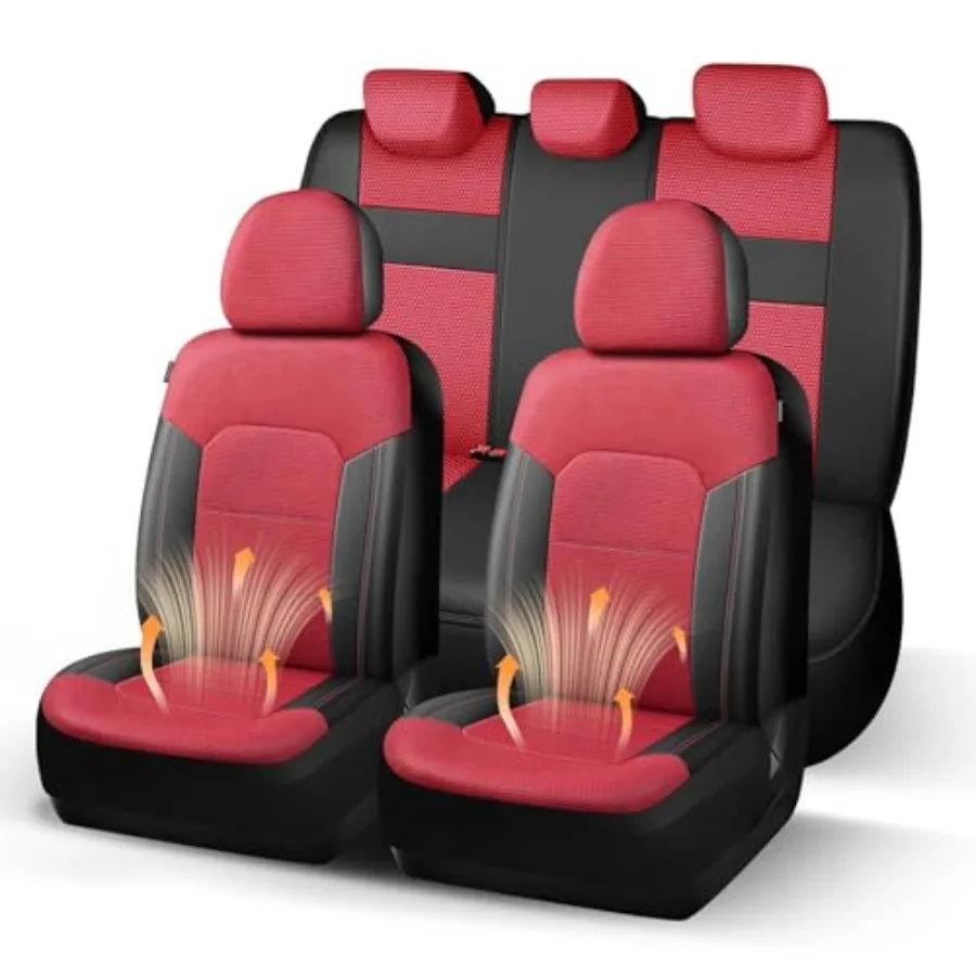 

Чехлы для автомобильных сидений из сетчатой ткани и искусственной кожи, полный комплект, совместимые с подушками безопасности, всесезонная защита, комфорт, черно-красные, для большинства автомобилей и грузовиков