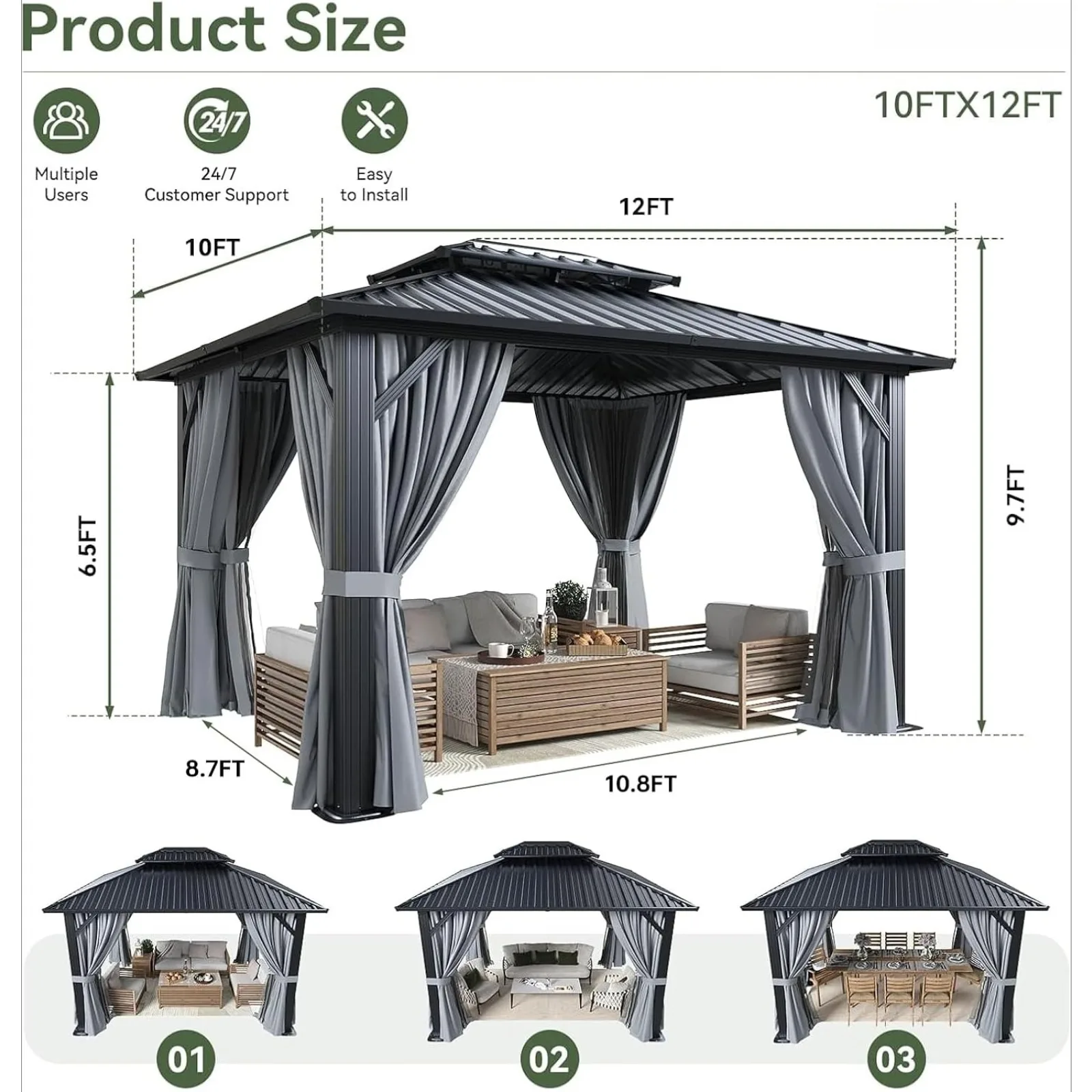 Hardtop Gazebo with Double Galvanized Steel Roof, Gray | Metal Frame Outdoor Pavilion with Breathable Netting and Privacy Curtain for Backyard view 5