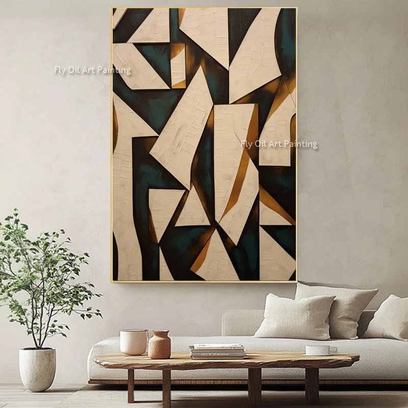 Original Hand Painted Deep Green And Beige Oil Painting Large New Design Artwork Black Brown Beige Abstract Canvas Wall Decor