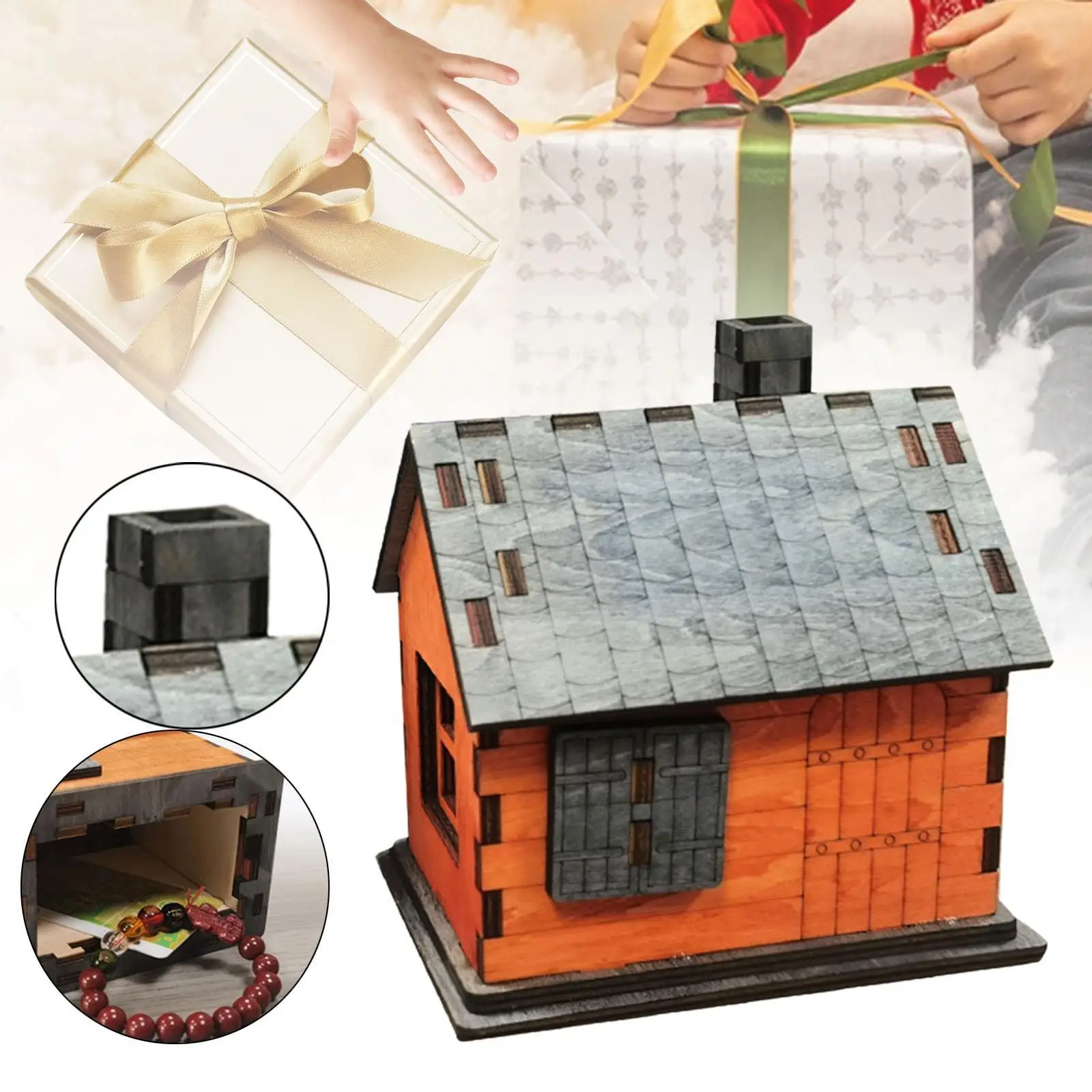 

Puzzle Box Secret Box Secret Opening Treasure Box Luban Lock Toy Unique Wooden Cabin 3D Brain Teaser Toy with Secret Compartment