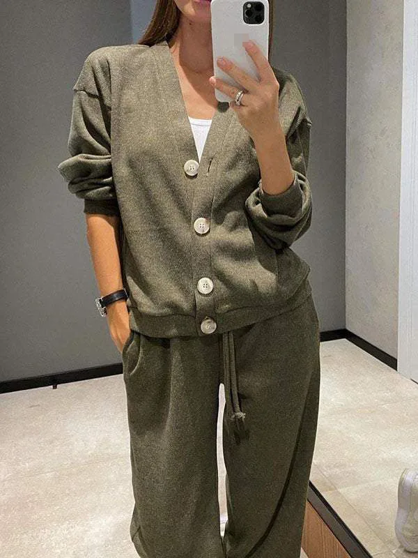 Autumn And Winter Women\'s Sports Cardigan Suit Fashionable Casual Suit V-neck Single-breasted Cardigan Top Lace-up Two-piece Set