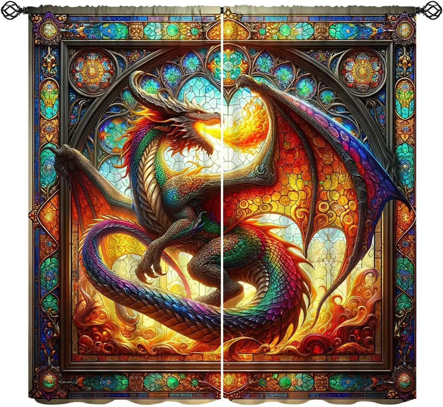 Western Dragon Kids Curtains, Colourful Dragon Art Printed Window Drapes for Boys Girls Bedroom and Game Room, 2 Panels
