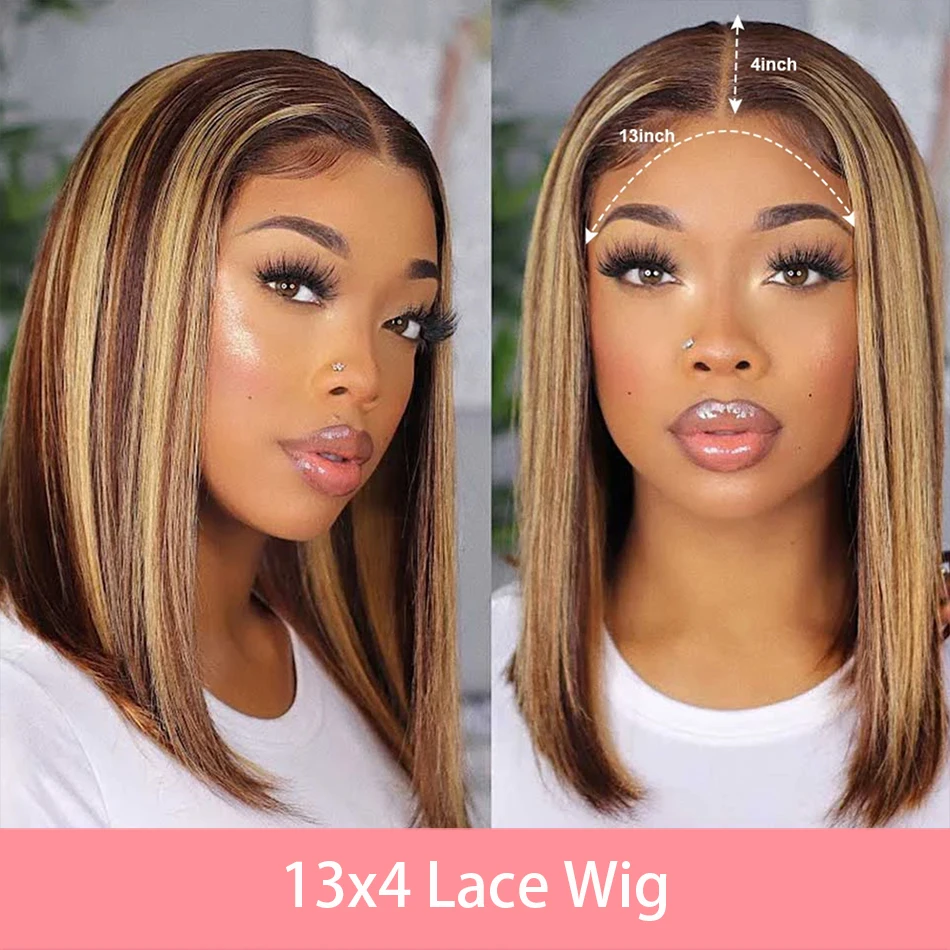 Highlight Brown Short Bob Straight 13x4 hd Lace Front Wigs Blonde Preplucked Transparent Lace Frontal Human Hair Wig 230 Density