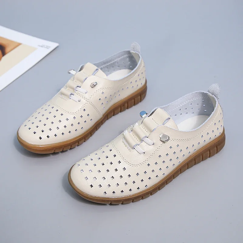 Women Casual Shoes Moccasins Soft Pointed Toe Ladies Footwear Women Flats Shoes White Genuine Leather Summer Loafers