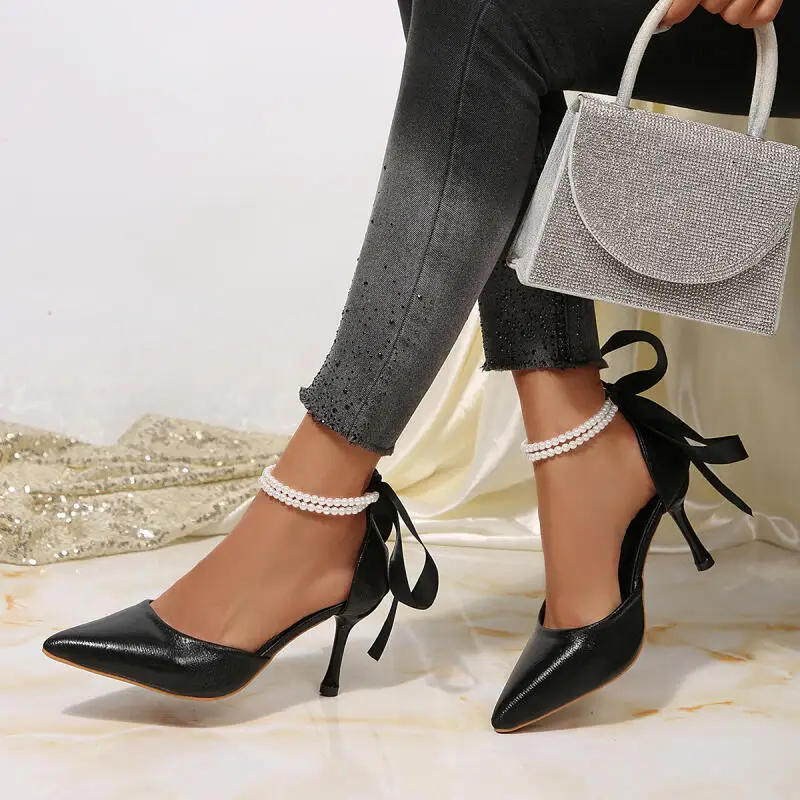Luxury Pearl Bowknot Ankle Strap High Heel Pumps Women Summer 2026 Sexy Point Toe Pumps Plus Size Woman's Designer Party Shoes