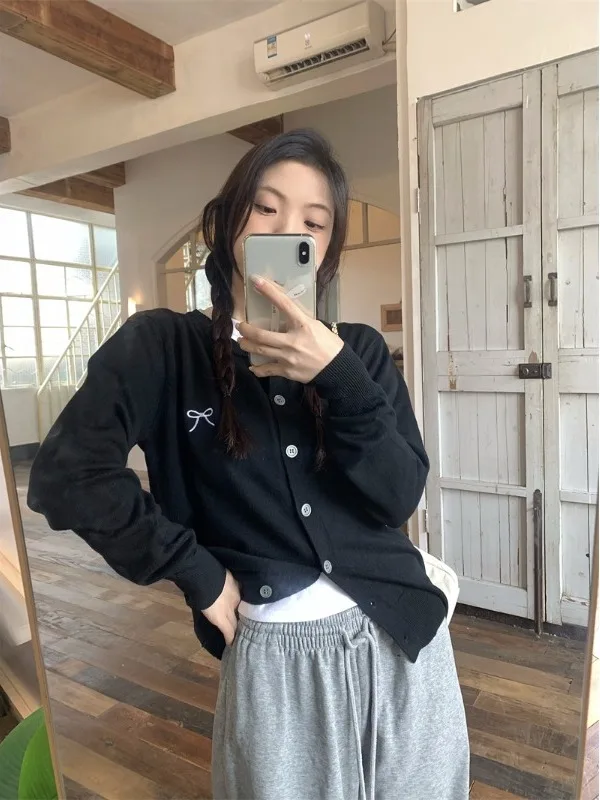 Dolce Sle Cardigan aperto lavorato a maglia Lungo Sve rotondo Ne Loose Fit Nodo Ricamo Caldo autunno Nuovo arrivo Top da donna