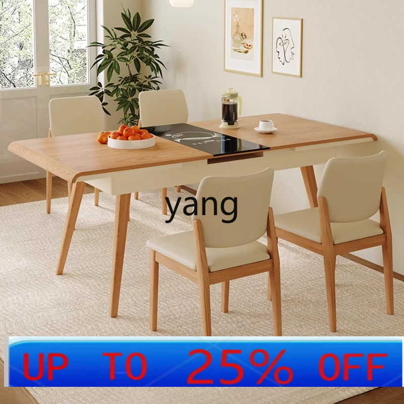 

LM Rectangular Solid Wood Dining Table with Built-in Induction Cooker, Foldable and Extendable, Natural Wood Cream Style