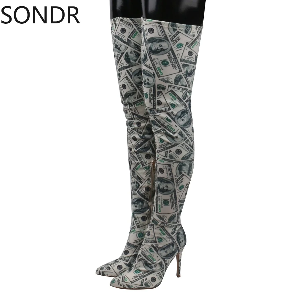 Hundret Dollar Money Print Women Pointed Toe Thigh High Boots Stiletto Big Shoes New 