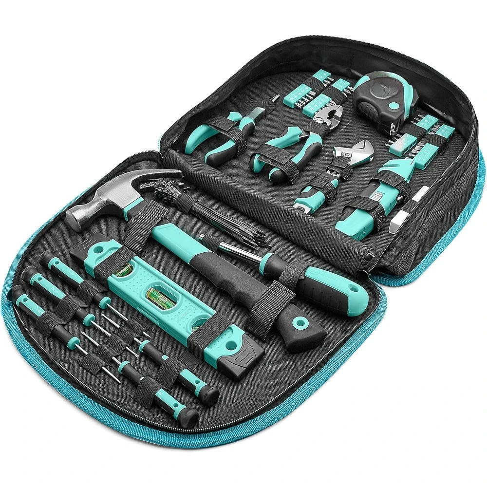 

Toolset and portable round bag, 104 pieces, turquoise, 14.4 x 11.4 x 3 inches