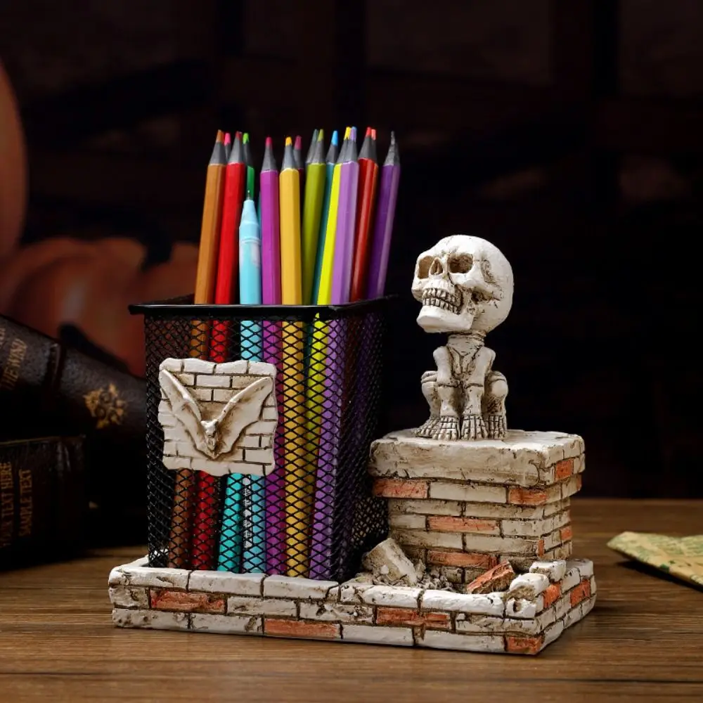 

Scary Halloween Skull Pen Holder Funny Resin Crafts Skulls Pencil Storage Bucket Festival Skeleton Toothbrush Holder