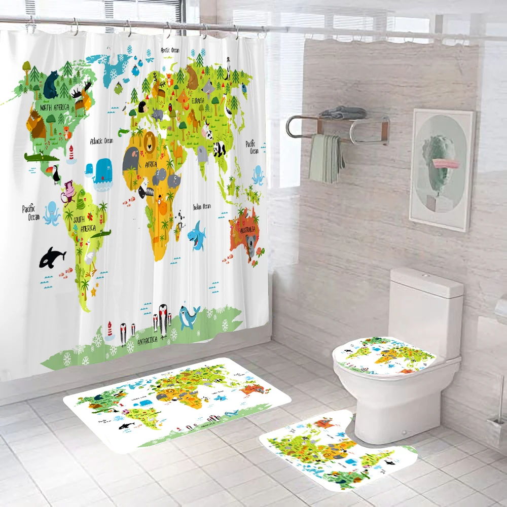 Cartoon Animal World Map Shower Curtain Set with Non-Slip Rugs Toilet Cover Bath Mat Kids Educational Geography Bathroom Curtain