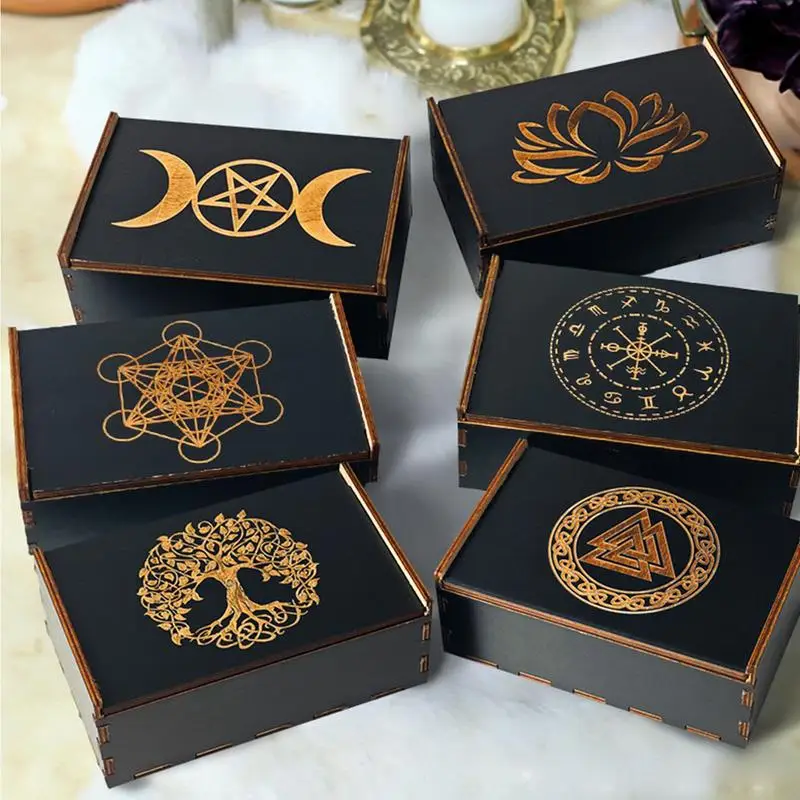 타로 카드 보관 상자 나무 연꽃 인쇄 보관 상자 크리스탈 보석 점성술 주사위 카드 놀이 선물 보관 주최자 상자
