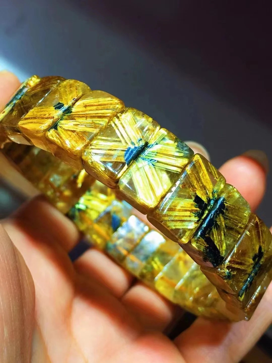 

Natural Gold Rutilated Quartz Bracelet Bangle Woman Men 13.3x7.6x5.8mm Flower Clear Rectangle Beads Wealthy Stone AAAAAA