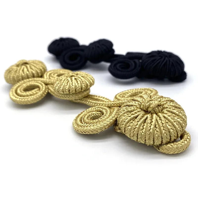 Chinese Frog Closure Knot Button Fastener for Cheongsam, Tang Suit Decoration, DIY Sewing Button, Gold and Black, 1 Pair