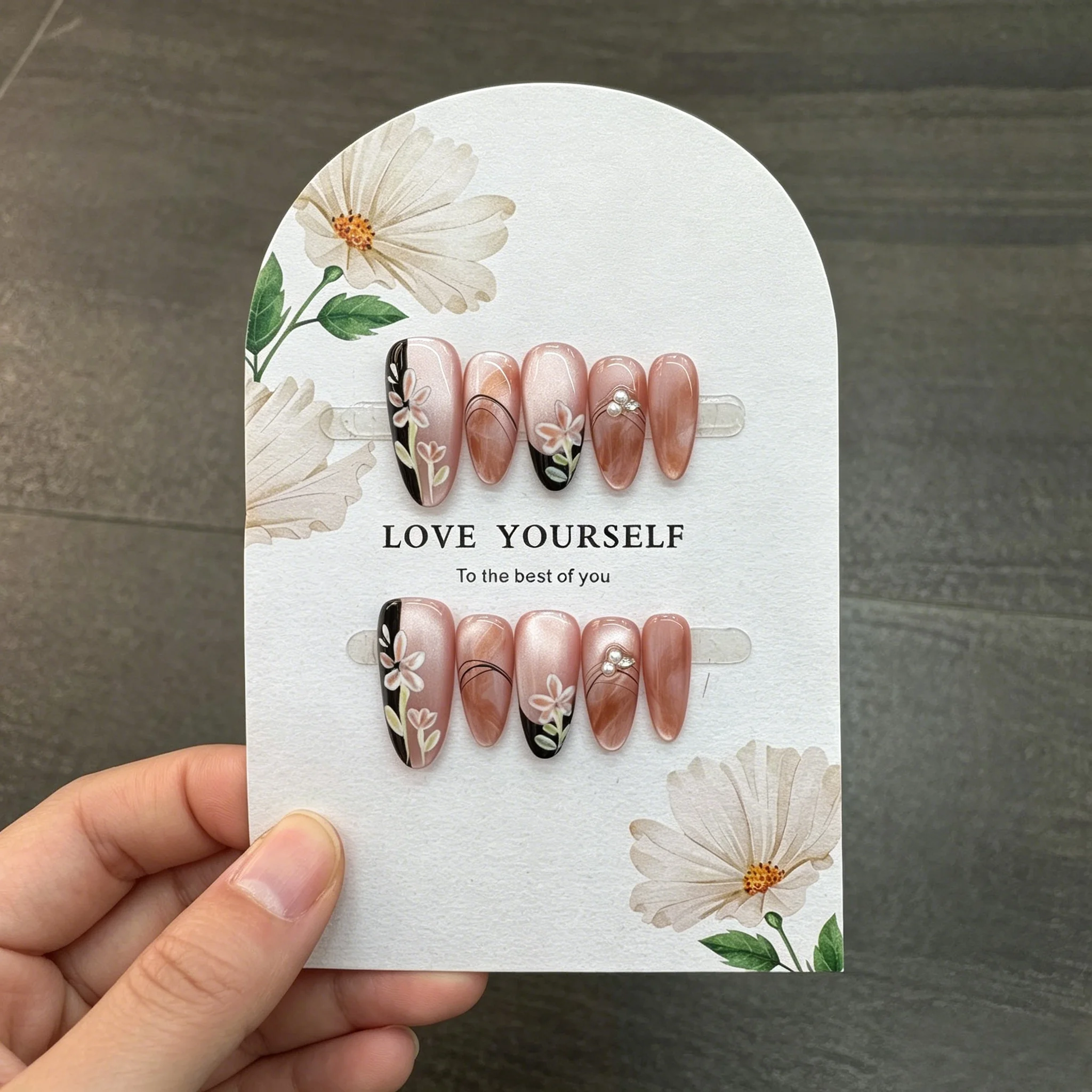 

10Pcs Handmade Nude Pink Cat Eye Press On Nails Long Almond False Nails With Hand-Painted Flower&Pearl Charms Reusable Fake Nail