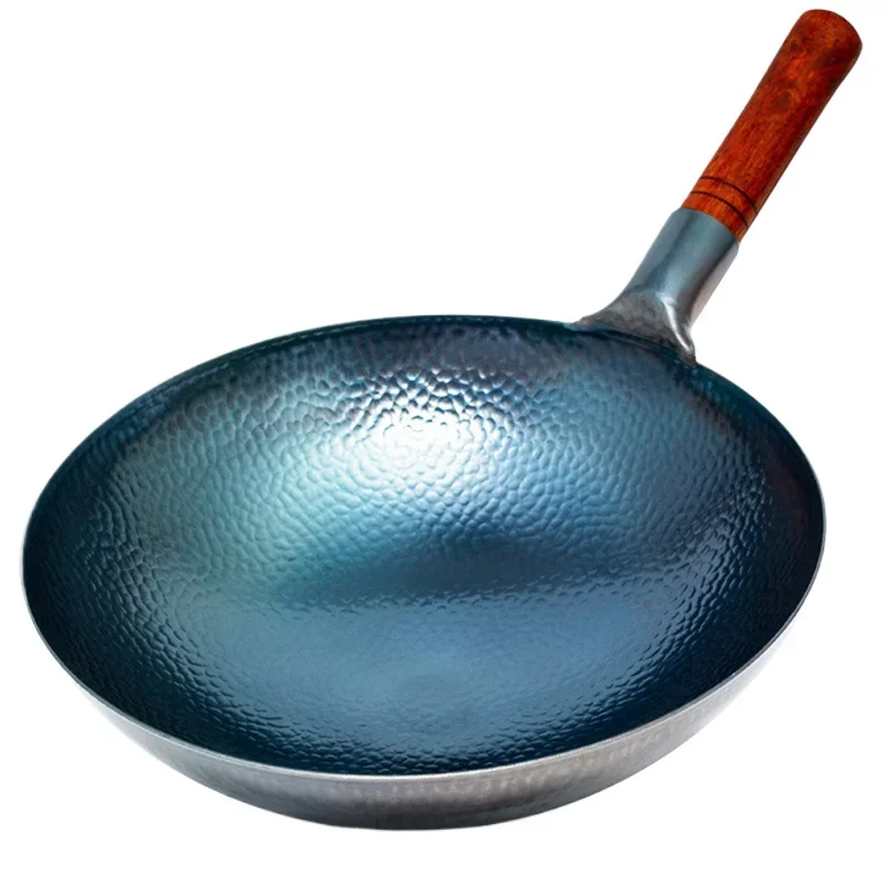 Traditional Chinese wok, Cast Iron Cookware Carbon Steel Round Bottom Wok,Beech Wood Anti-scald Handle, for Kitchen Gas Stove