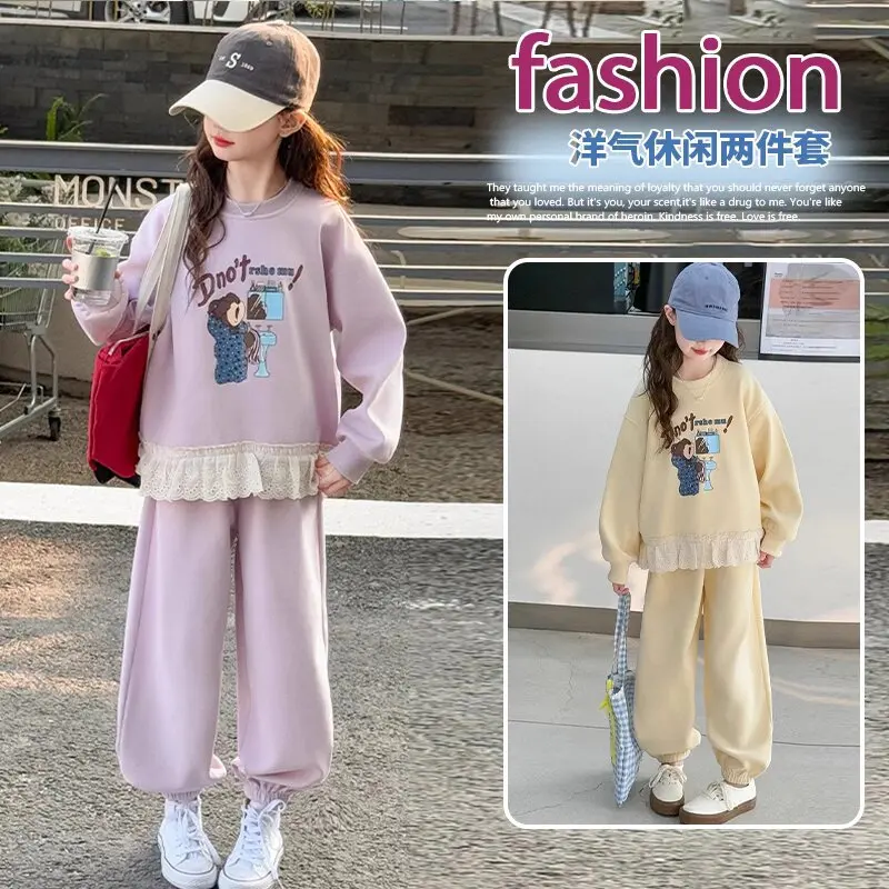 2-14Y Girls Clothing Set Spring Autumn Cartoon Print Lace Patchwork Long Sleeve Sweatshirt+Pants 2Pcs For Teen Girls Casual Suit