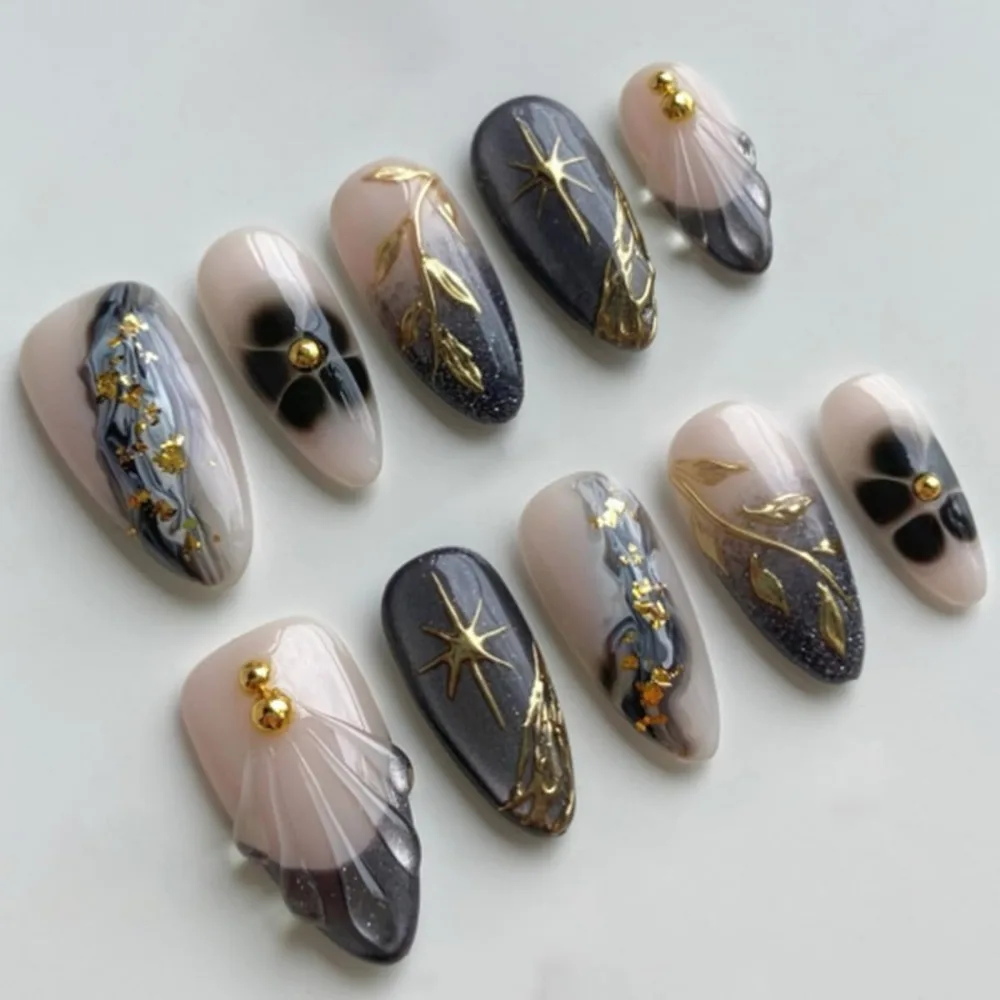 Medium 3D False Nails with Gold Foil Designs, French Manicure, Acrylic Glue, Stick-On Set for Women - 24 Pieces