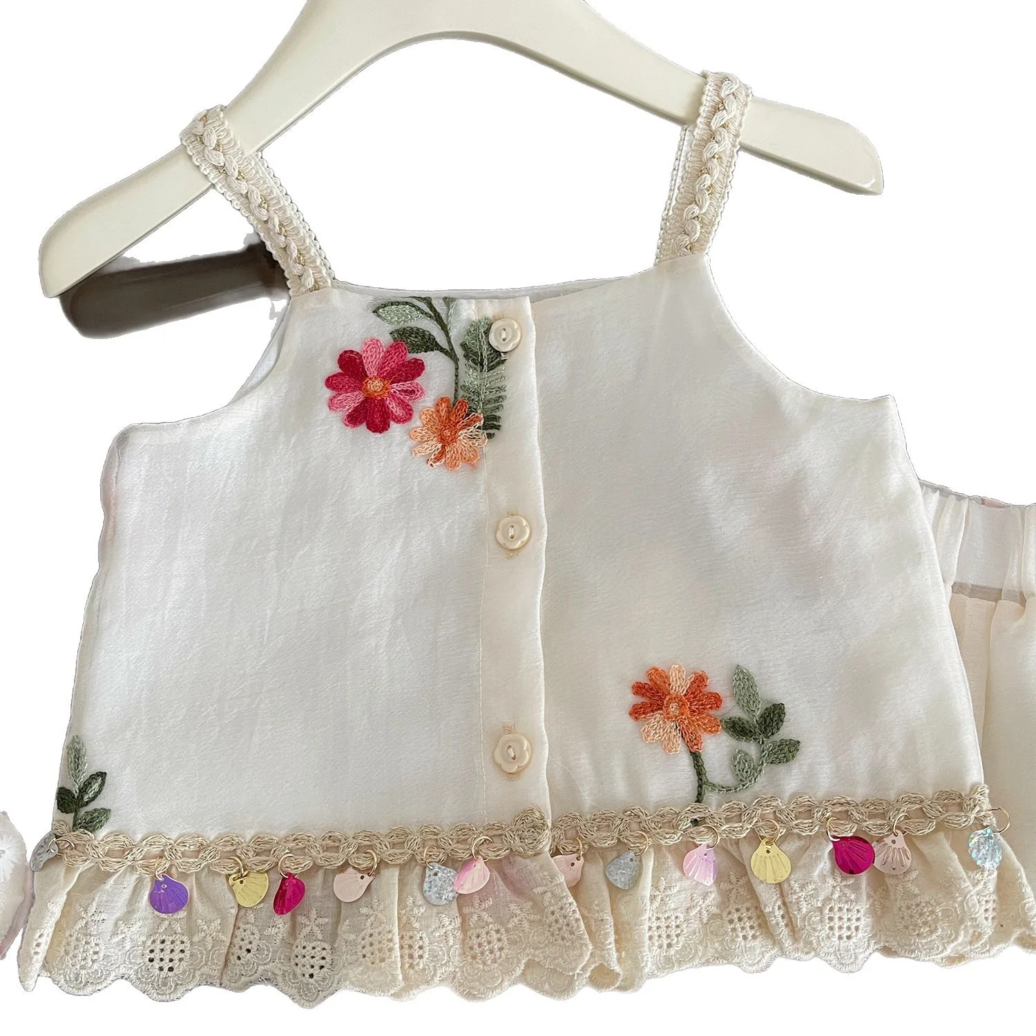 أطفال بنات ملابس الصيف الشاش الأزهار طباعة بلوزات بلا اكمام فضفاضة الدانتيل تنحنح السراويل 2 قطعة مجموعة رقيقة الأطفال الفتيات حبال المحملة الدعاوى #5