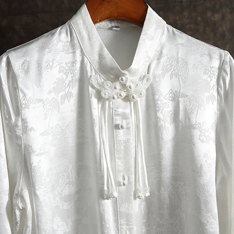 Trendy Tang clothing women's clothing Chinese style jacquard satin lace-up buckle white cheongsam top shirt 26 spring and summer