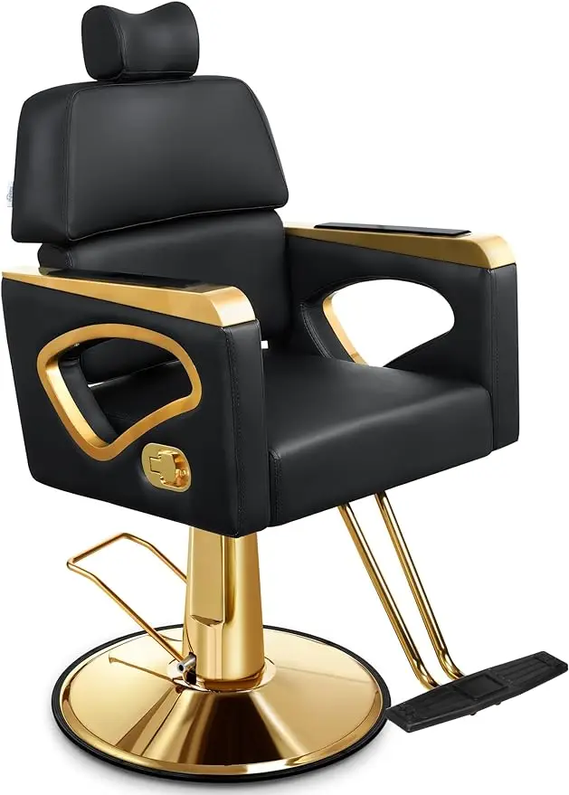 Reclining Salon Chair with Adjustable Backrest & Lumbar Support, Heavy Duty Black Gold Barber Chair with Durable Steel Fr