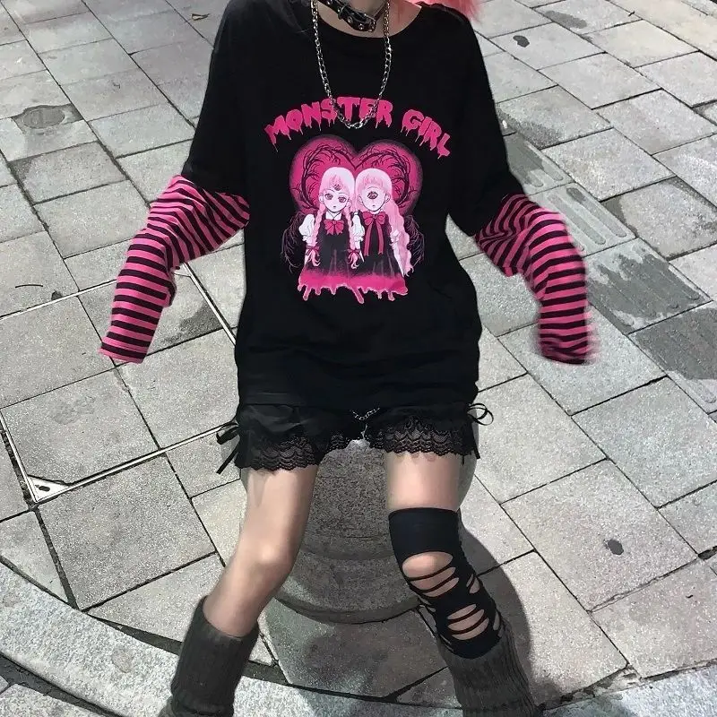 Long Sleeve Anime Kawaii Clothes Spring Autumn Hip Hop Female Loose Harajuku Women Sweatshirts E Girl Clothes Goth Punk Tops