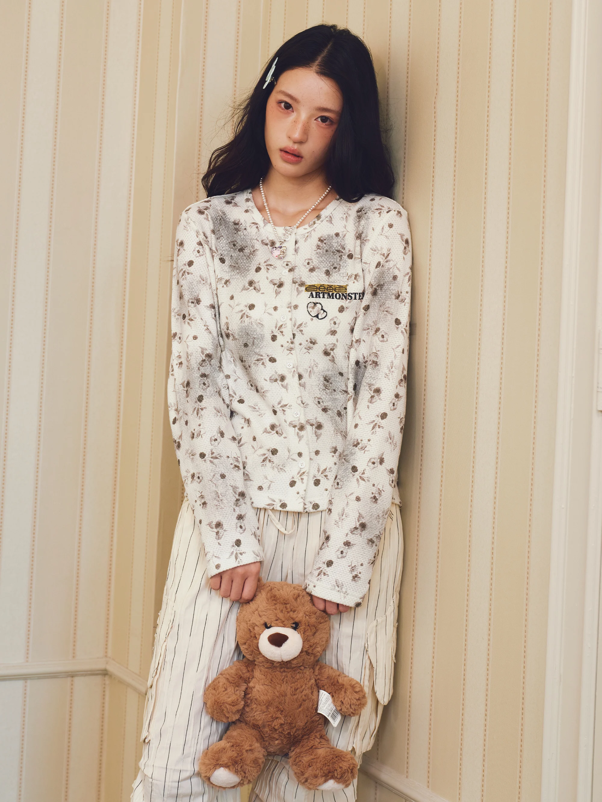 Misty Flowers Printed Korean Style Soft Gradient Thin Knitted Sweater Coat Women's Sweet Style Long Sleeve Breathable Skin-Fr...