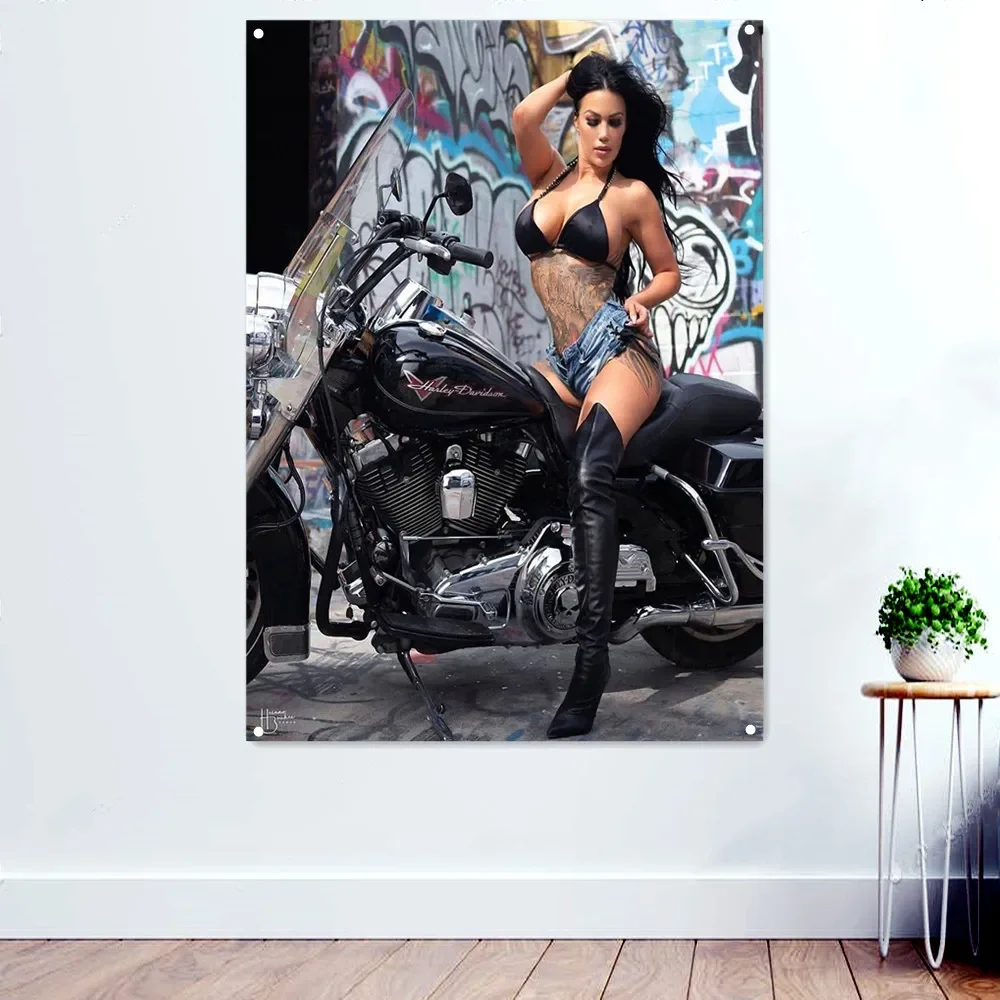 Sexy Tattoo Babes Motorcycle Art Posters Prints Wall Hanging Flag Wall Decorative Banner for Home Pub Club Bar Room Garage Decor