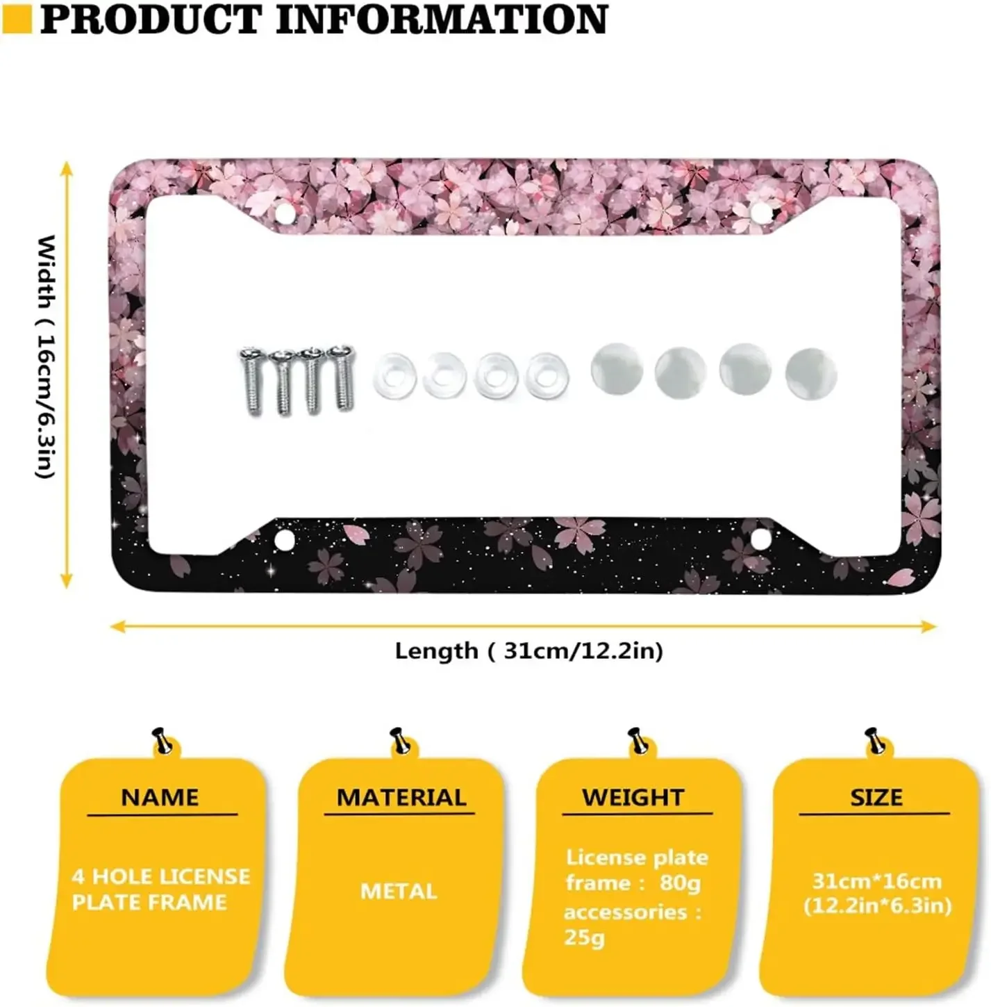 Cherry Blossom Pattern Car License Plate Frame 2 Pack License Plate Holder with 4 Holes Car Tag Frame for Women Men US Vehicles