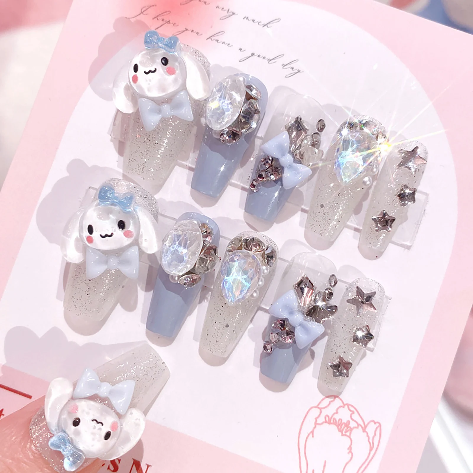 24pcs Cute Dog False Nails with 3D Crystal Blue Bow Press on Nails Full Cover Wearable Shiny Sweet Korean Girls Fake Nail Tips