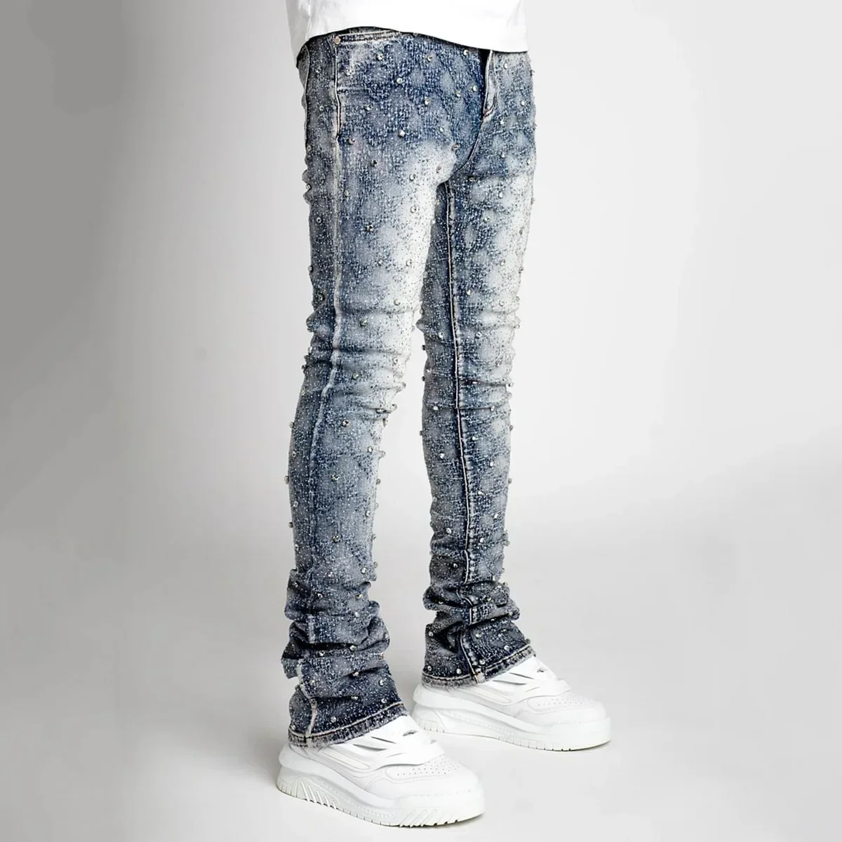 Pop Men Denim Fashion Individualistic Straight-leg Men Trousers European And American Fashion Elastic Pearl Denim Layered Long P
