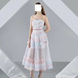 CustomizedEvening Dress 2024 Boat Neck Tiered Sleeveless Tiered A-Line Pleats Tea Length ZIpper Back Tulle Classic Celebrity Dre