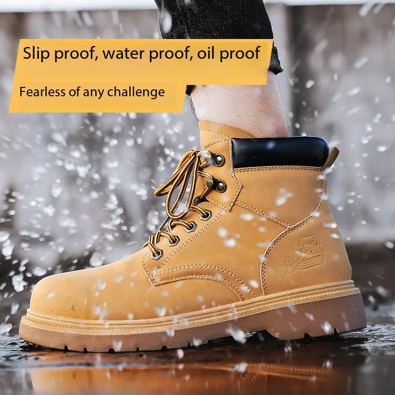 รองเท้าบูทนิรภัยสีเหลืองสำหรับผู้ชาย ป้องกันการเจาะทะลุ หัวเหล็ก รองเท้าผ้าใบหนังกันน้ำ รองเท้าทำงานป้องกันการกระแทกสำหรับผู้ชาย สำหรับกิจกรรมกลางแจ้ง