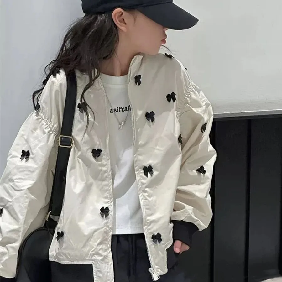 

4 6 8 10 12 15Y Teenage Girls' Jacket Spring and Autumn New Style Children's Casual Loose Bow Jacket