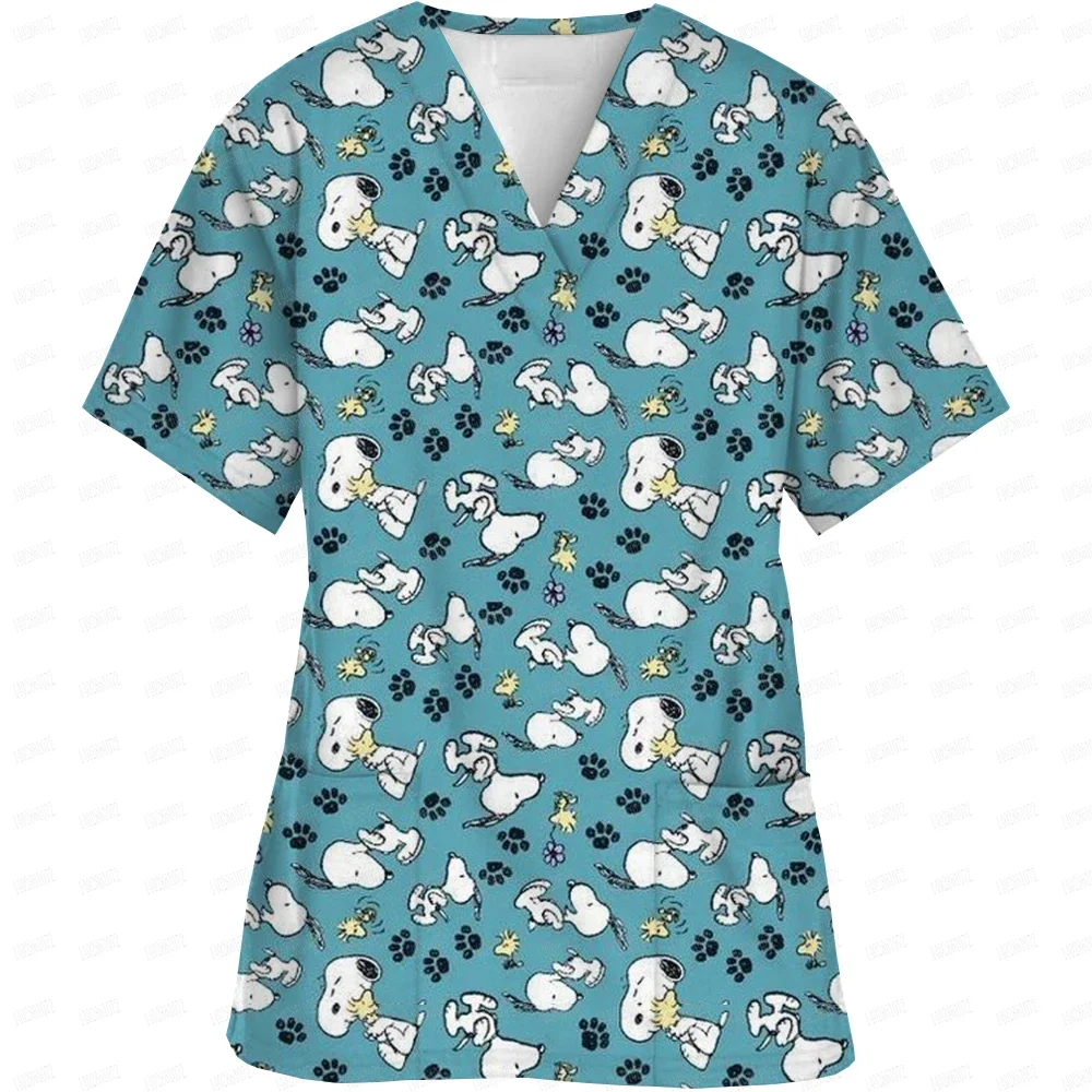 Ladies Nurse Uniform Short Sleeve V-neck Workwear Snoopy Print Working Uniform Woman Polyester Casual Medical Nursing Blouse