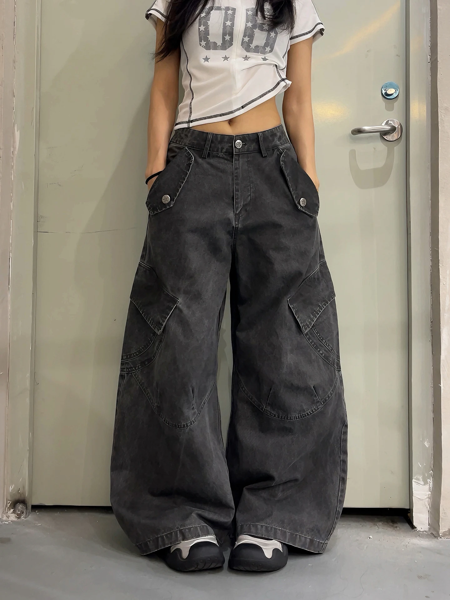

DoubleD Heavy Industry Sle Waed out Big ket Workwear Jeans Men Women Deconstructed Knife Wide Leg Pants Street Faion...