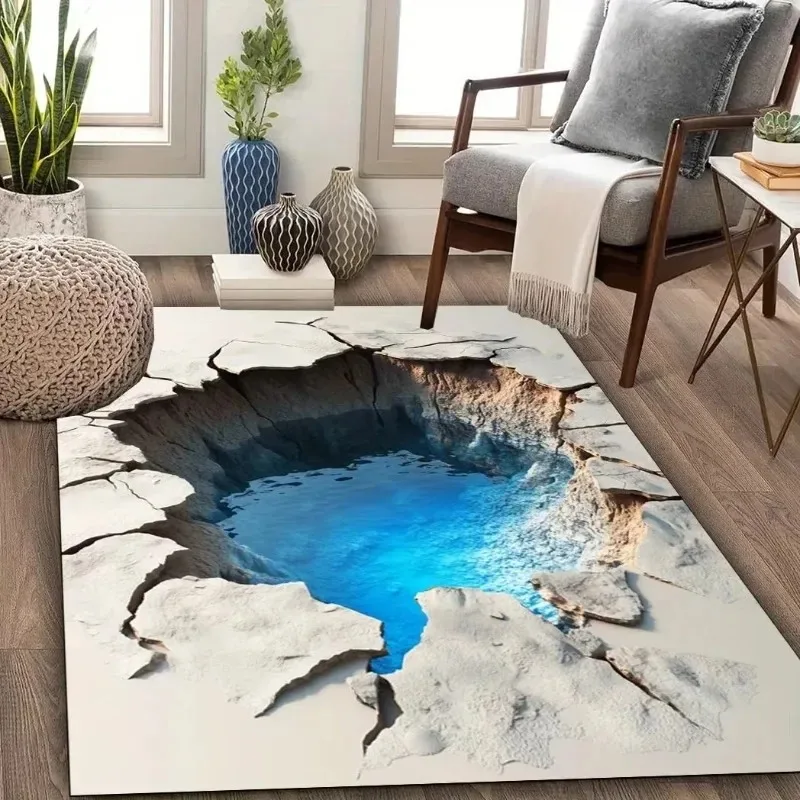 `Optical Illusion Art Area Rug, Broken Ground Pit Water Pool Visual Effect Floor Carpet for Living Room Bedroom Indoor Home