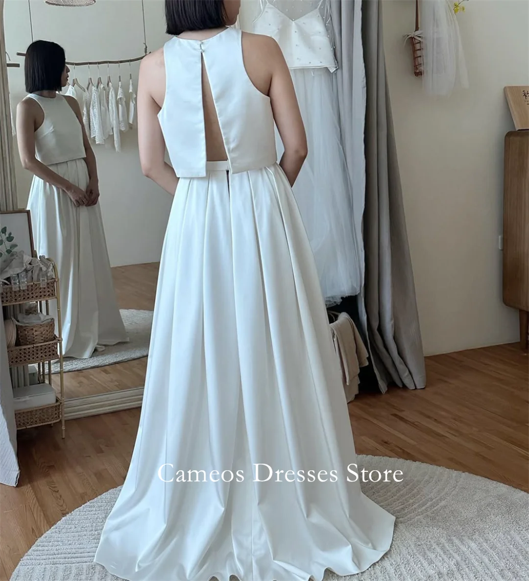Sondr personalizado o-pescoço sem mangas vestidos de casamento simples a linha cetim espartilho coreia vestidos de noiva feminino
