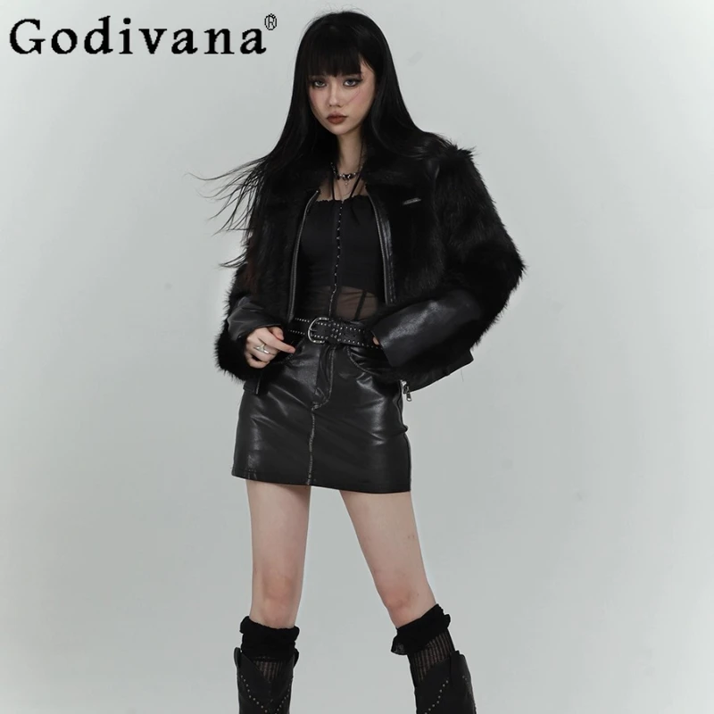 Black One Piece Fur Coat for Women Short Faux Fox Fur Lamb Wool Coat Female Autumn Winter Japanese Style Cosplay Coat