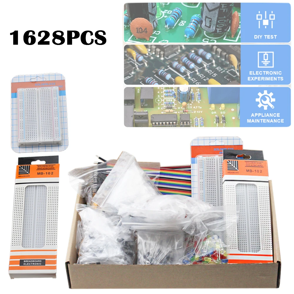 Electronic Component Package 1628PCS, Breadboard, Resistors Capacitor Diode, Dupont Wire, PCB Board, Transistor Kit