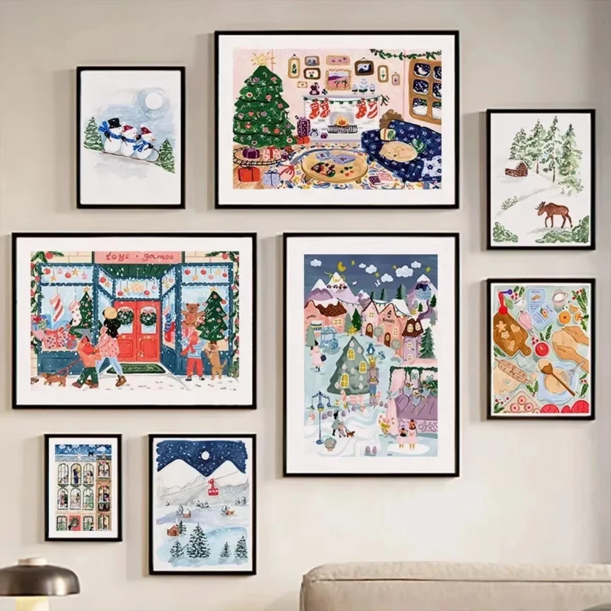 1PC frameless decorative art print,Joyful Winter Skiing, Skating, Snowman Poster Printing, Warm Indoor Shop Gathering, Canvas Pa